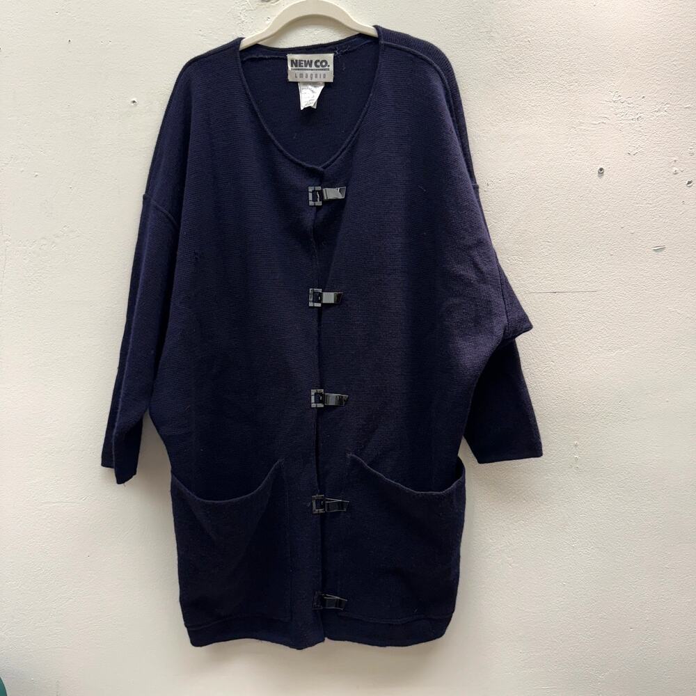 Vintage 80s I Magnin Navy Blue Long Cardigan Sweater Buckle Closure Bat Wing
